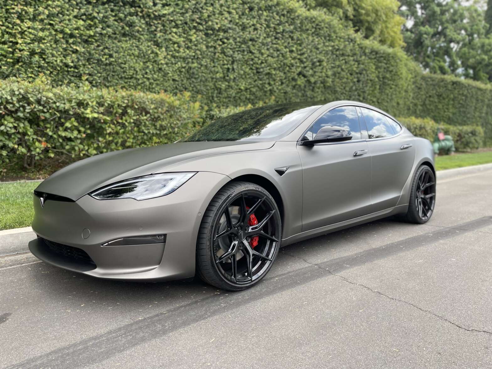 2023 Tesla Model S Plaid 🚩Satin Dark Gray with Carbon Fiber Mirrors and  Red Accents 🚩 . . #Tesla #ModelS #TeslaModelS #SatinDarkGray…