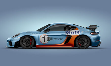 Custom vehicle wrap: Porsche GT4 RS Gulf design wrap by 2wrap.com